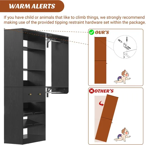 Vista 8 de Sistema de armario con cajón: sistema organizador reversible de madera de 5 pies con 2 varillas para colgar y estante ajustable, organizadores