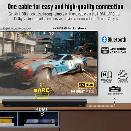 Vista 4 de OXS Barra de sonido S5 para TV con HDMI eARC, subwoofer incorporado Dolby Atmos 3.1.2, altavoz central, conexión Bluetooth y multicable, 5