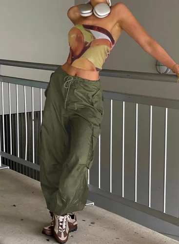 Vista 5 de ONIRIKE Pantalones de paracaídas para mujer, pantalones cargo holgados Y2K con cordón y bolsillo