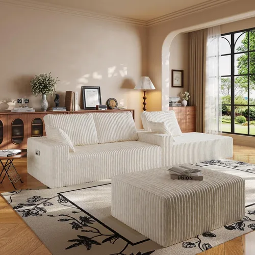 Vista 4 de Sofá seccional en forma de U de 108 pulgadas con otomana, sofá seccional modular de pana con asiento profundo, sofá modular moderno en forma de L