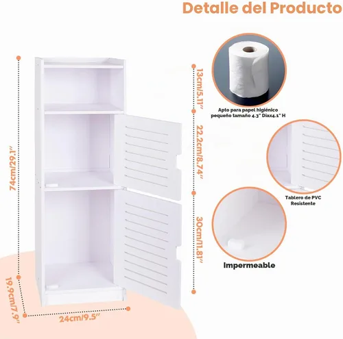 Vista 2 de ShellKingdom Toilet Paper Holder Stand, Small and Slim Bathroom Storage Cabinet for Bathroom Small Spaces, 29.1 x 9.5 x 7.9 inch