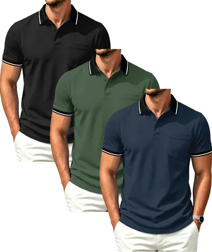 Vista 19 de GEEK LIGHTING Paquete de 3 camisas polo de manga corta con bolsillo para Negro Gris Armygreen