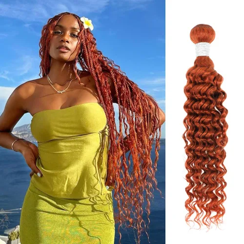 Vista 40 de Cabello Humano Rizado Castaño Rojizo, Trama Gruesa Castaño Cobrizo Rojo Coloreado Ondas Profundas Paquetes Individuales Cabello Humano 12A Tejido
