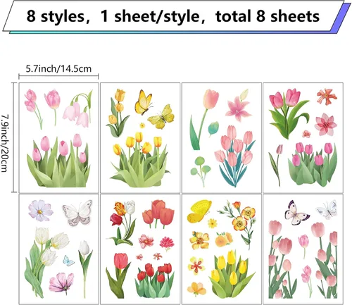 Vista 2 de CRASPIRE 8 estilos de tulipanes de flores, mariposas, calcomanías de pared de PVC floral, impermeables, autoadhesivas, vinilo autoadhesivo