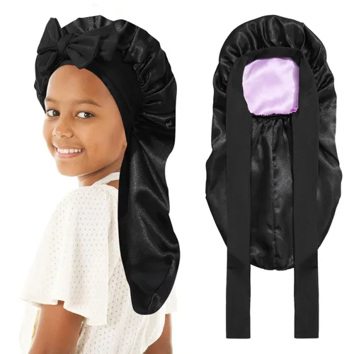Vista 13 de Gorro de pelo largo para niños para dormir - Gorro de satén elástico de doble capa para niñas con banda de amarre para cabello trenzado y rizado