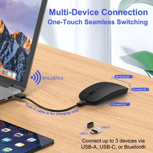 Vista 2 de Ratón Bluetooth inalámbrico para MacBook Air Mac Pro iPad Laptop Computadora Pad Óptico recargable delgado silencioso modo dual