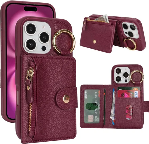 Vista 17 de Funda para iPhone 14 Plus con tarjetero, color negro Funda con cremallera y ranura para mujer y hombre