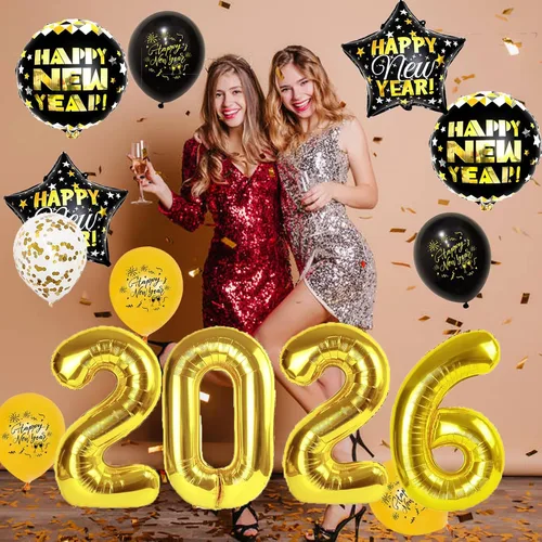 Vista 6 de Juego de decoraciones de Feliz Año Nuevo 2026, enormes globos de números de lámina dorada 2026, pancarta de feliz año nuevo, globos de látex negros