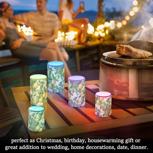 Vista 7 de Velas sin llama, funciona con pilas, acuarela, limones amarillos, parpadeantes, con control remoto, hojas verdes de verano, velas de luz cálida que