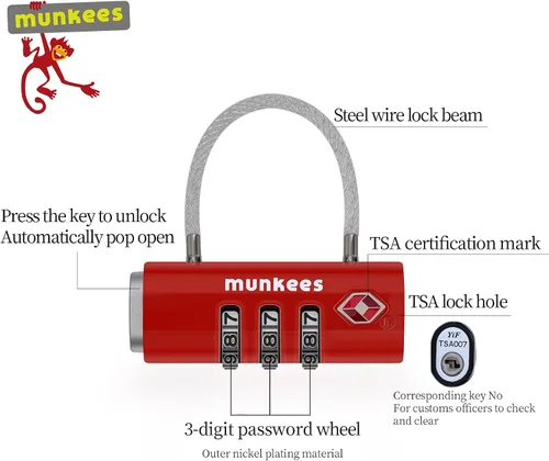 Vista 3 de munkees Cerradura de equipaje aprobada por la TSA, combinación de 3 dígitos, construcción de metal (rojo)
