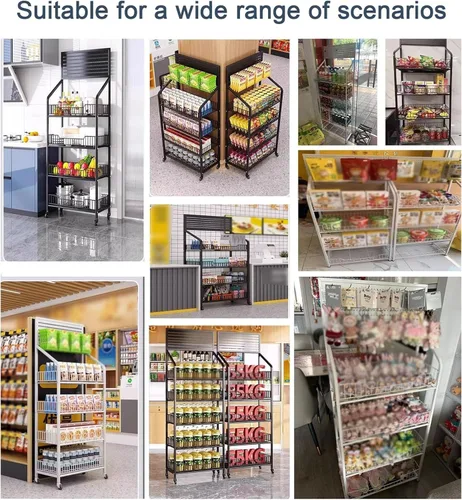 Vista 7 de Estantes de exhibición de dulces de 4 niveles, organizador de aperitivos, estante de exhibición de chips, carrito organizador de aperitivos