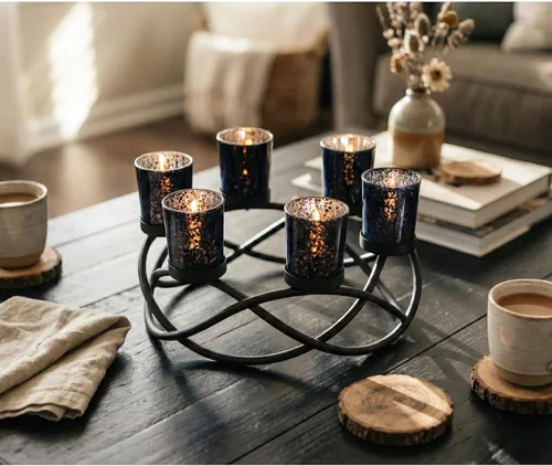 Vista 3 de Portavelas de Halloween Decoración de Centro de Mesa – Portavelas de Hierro Metal Negro de 6 Copas para Velas Votivas y de Té para Mesa Espeluznante
