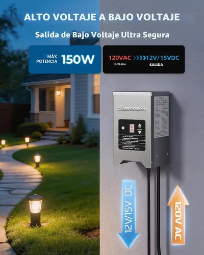 Vista 2 de DEWENWILS Transformador de Paisaje de Bajo Voltaje de 150W con Sensor de Fotocélula, 120V AC a 12V/15V AC, Transformador de Bajo Voltaje para Luces