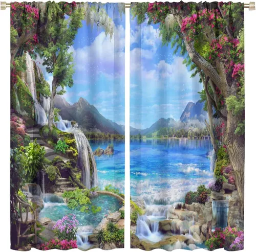 Vista 69 de Cortina opaca de bosque de verano, diseño de ramas de bosque, con bolsillo para barra, cortinas farbic con bolsillo para barra, comedor, cafetería