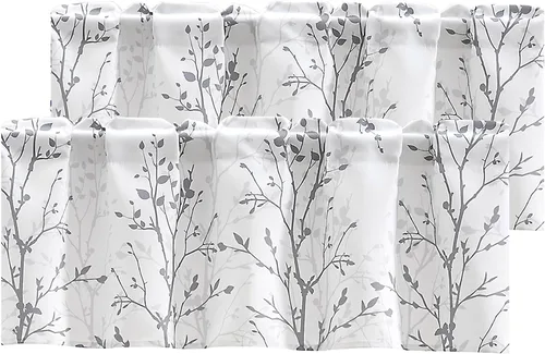 Vista 12 de Luvyohmee Cortina de cenefa estampada con ramas de árbol, cenefa de cocina de 18 pulgadas de largo, color negro, cenefas de ventana grises
