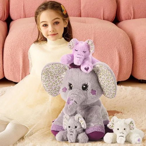 Vista 6 de Elefante mamá de peluche de animal de peluche mamá y bebé, lindo juego familiar pequeño de 13 pulgadas con mini bebés, regalos para niños