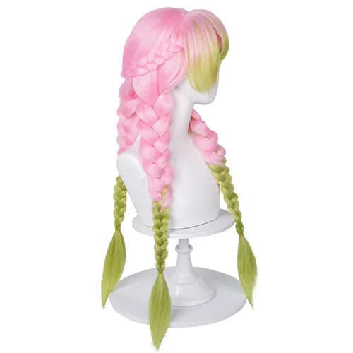 Vista 3 de Peluca SL para disfraz de cosplay Mitsuri, DS verde y rosa, con gorro