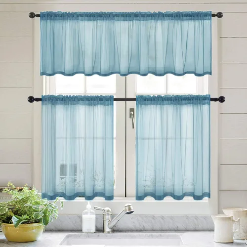 Vista 6 de MIULEE Cenefa Sólida Transparente Azul Polvoriento Aspecto de Lino para Ventana de Cocina, Cenefa de Gasa para Ventanas de Sala de Estar con Azul