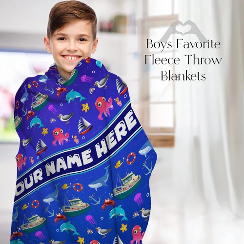 Vista 3 de Manta personalizada de Living para niños Manta de forro polar de animales marinos personalizada Manta azul para niños Manta para bebé niña