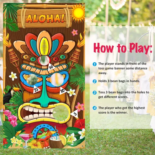 Vista 5 de Luau Party Games Hawaiian Tiki Party Toss Games Banner con 3 bolsas de frijoles, decoración de tótem para suministros de carnaval tropical de verano