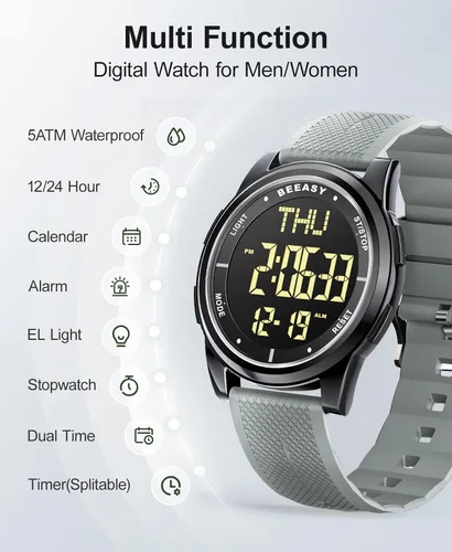 Vista 62 de Beeasy - Reloj digital de pulsera resistente al agua con cronómetro, alarma, cuenta regresiva, doble zona horaria, ultrafino, pantalla angular muy
