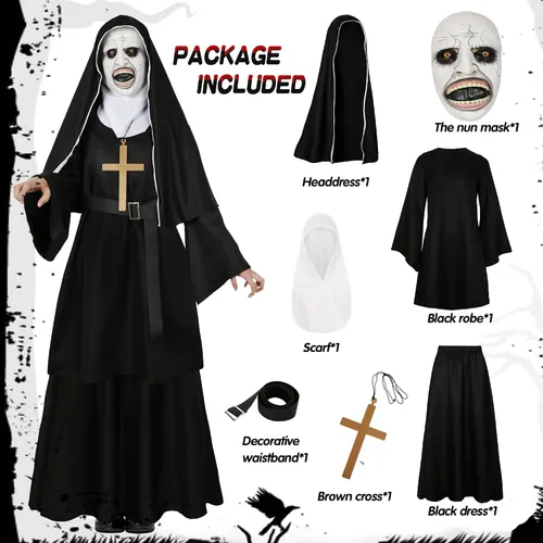 Vista 3 de Vermeyen Disfraz de monja para mujer, disfraz de monja aterradora para Halloween, cosplay con máscara