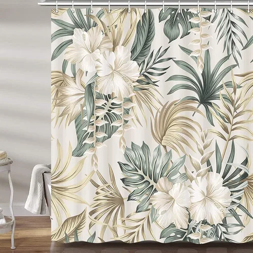 Vista 3 de DYNH Cortina de ducha para baño, diseño de plantas tropicales, plantas tropicales, caravanas, hojas de palmera verde salvia, beige, bonita
