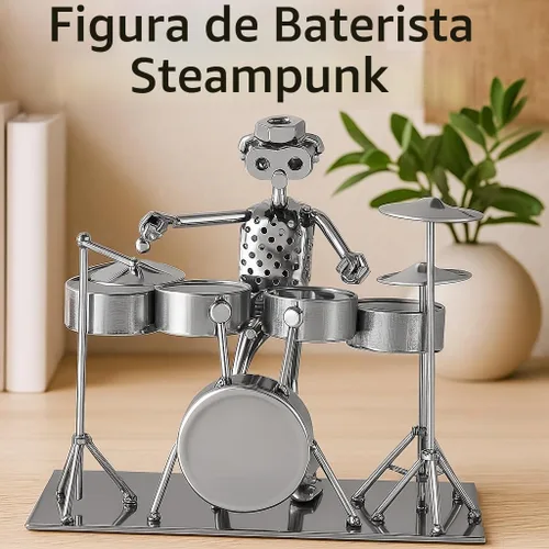 Vista 7 de Broadway Gifts - Figura de batería de metal plateado de 7 pulgadas, músico Steampunk