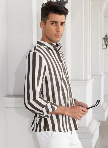 Vista 5 de Camisa casual de lino de manga larga con botones y bolsillos para hombre