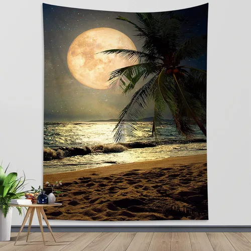 Vista 24 de LB Tapiz pequeño de luna llena sobre océano, tapiz de pared de cielo nocturno estrellado, fantasía 3D, arte de pared de luna grande en blanco