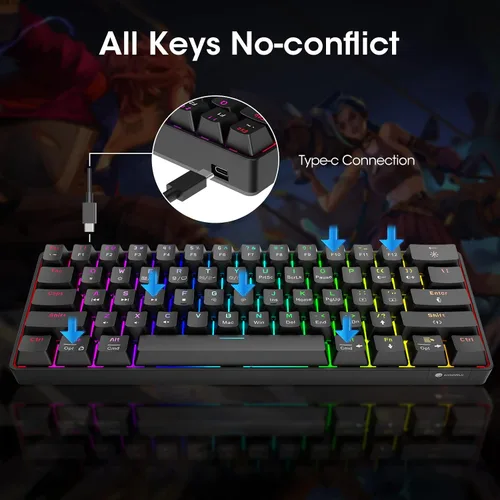 Vista 4 de KOORUI Teclado mecánico ultracompacto con 60% de 61 teclas con cable retroiluminado RGB con interruptor rojo, mini teclados para Windows MacOS Linux
