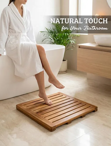 Vista 2 de Alfombra de ducha de madera de acacia 21x21 pulgadas de Demigo, lujosa alfombra de baño antideslizante para baño, bañera, ducha, spa, jardín, hogar