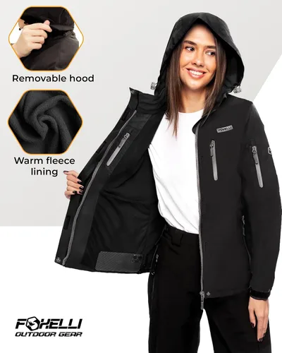 Vista 3 de Foxelli Chaqueta de senderismo impermeable para mujer, abrigo cálido con forro polar resistente al viento, chaqueta de lluvia con capucha Negro