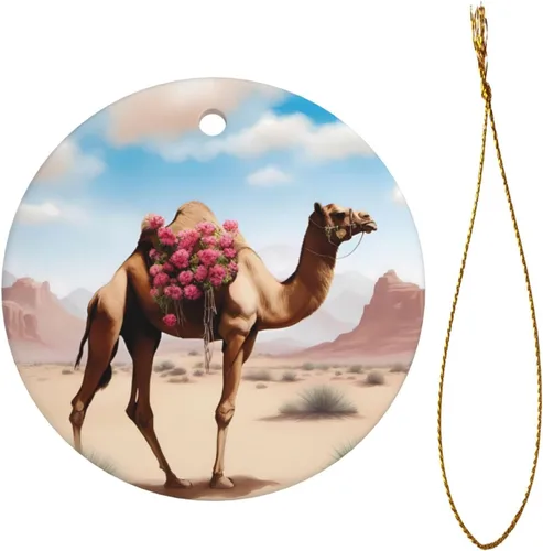 Vista 2 de Un hermoso colgante de cerámica redondo de camello con agujero y cuerda dorada para Navidad y Año Nuevo colgante decoración en casa