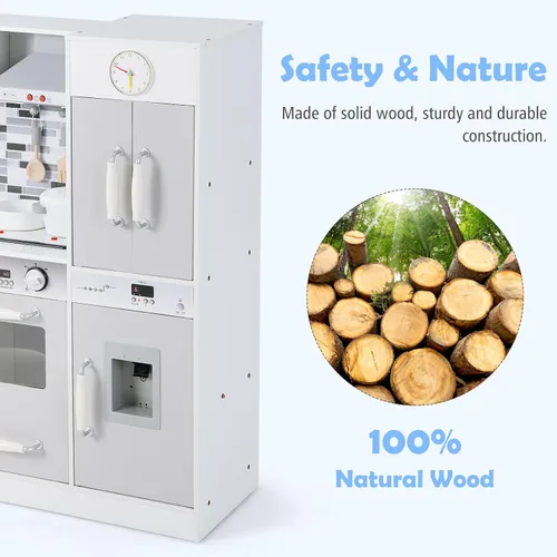 Vista 9 de INFANS Juego de cocina para niños, juego de cocina de madera con luz y sonido realistas, estufa, fregadero, microondas, armario de almacenamiento