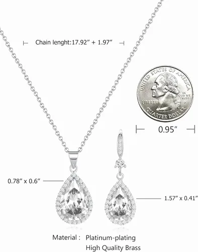 Vista 3 de Juego de joyas para mujer, collar con colgante de lágrima chapado en plataoro, aretes colgantes, juegos de piedras natales, diamantes de imitación