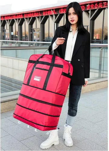 Vista 3 de Radefasun Bolsa de viaje expandible de Oxford con ruedas, impermeable, ligera, plegable, para viajar, Rojo