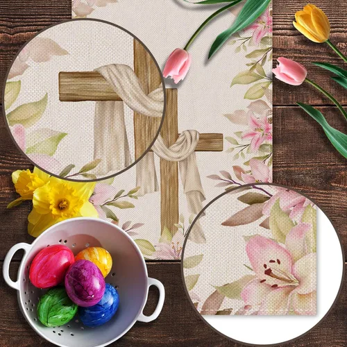 Vista 5 de Pudodo He is Risen Camino de mesa de Pascua, cruz cristiana, resurrección, lirio, primavera, vacaciones, fiesta, cocina, comedor, decoración