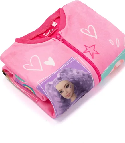 Vista 4 de Barbie Pijama de forro polar rosa todo en uno para niñas, overol de muñeca de juguete, pijama para niños Rosado