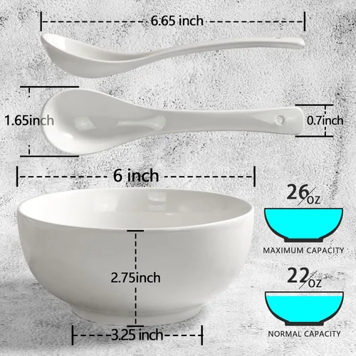 Vista 2 de Artena Cuencos de sopa y cucharas de sopa, cuencos de cereales de 26 onzas y cucharas de cereales, juego de cuencos y cucharas de cerámica blanca
