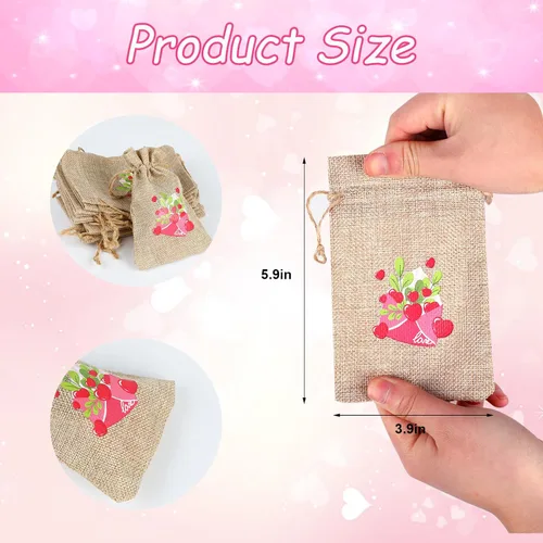 Vista 2 de DERAYEE 36 bolsas de regalo de arpillera para el día de San Valentín con cordón, 4 x 6 pulgadas, pequeñas bolsas de lino con corazón de San