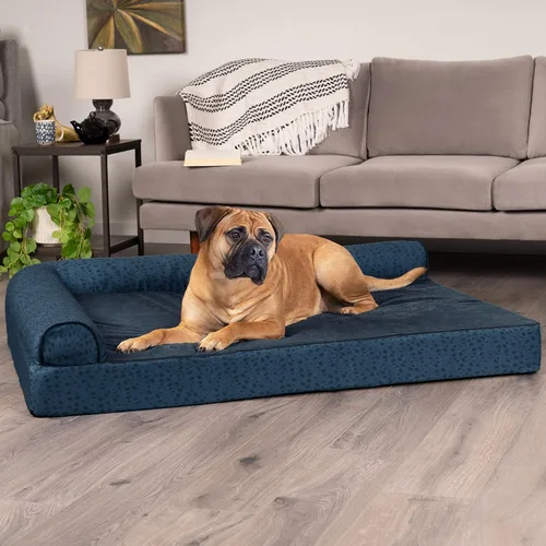 Vista 3 de Furhaven - Cama para perro de espuma viscoelástica, estilo diván en forma de L, de felpa y estampado de almendras, almendras azules, talla jumbo