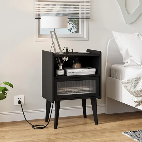 Vista 2 de MMEOLUOOK Mesita de noche con estación de carga, mesitas de noche, mesa auxiliar con espacio de almacenamiento de 2 niveles, para dormitorio, sala