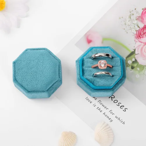 Vista 3 de Caja para anillos de boda, 3 ranuras de alta calidad, caja de regalo de almacenamiento de anillo de terciopelo, caja de regalo para anillo vintage