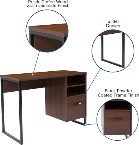 Vista 6 de Flash Furniture Northbrook - Escritorio rústico para computadora con acabado de grano de madera café con marco de metal negro