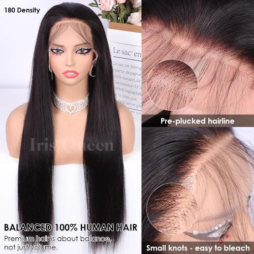 Vista 3 de Iris Queen 12A 16 pulgadas recto HD encaje frontal pelucas de cabello humano prearrancado Peluca de cabello de color negro virgen con encaje