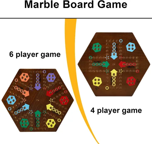 Vista 3 de Wahoo - Juego de mesa de mármol para 4 y 6 jugadores, juego de mesa de madera gruesa pintada de 2 caras para fiesta de familiares y amigos
