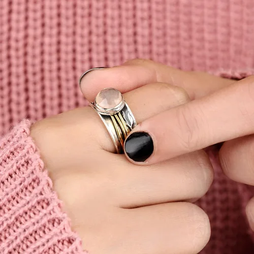 Vista 6 de Boho-Magic - Anillo giratorio de plata de ley 925 con hoja de cuarzo rosa para mujer piedras preciosas rosadas
