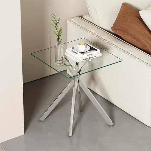 Vista 10 de Mesa auxiliar moderna de cristal, mesa auxiliar cuadrada para sofá, mesa auxiliar negra con parte superior de vidrio templado transparente y patas