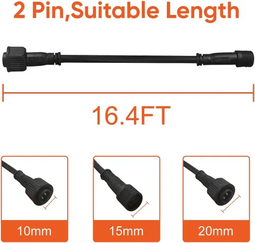 Vista 3 de TINSUM Cable de extensión solar 5m16.4 pies cables extensores cables dos núcleos con enchufe impermeable IP65 para solo para iluminación TIMSUM